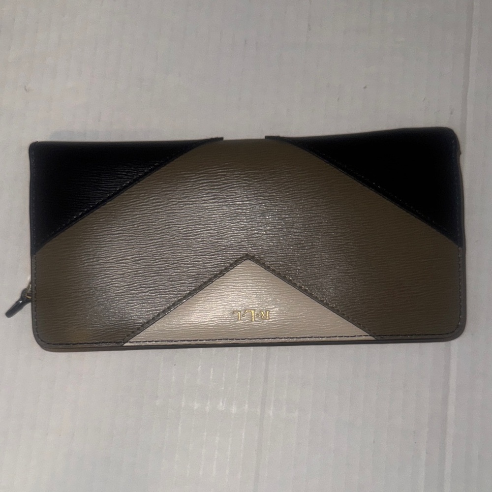 Lauren Ralph Lauren Wallet Newbury Beige Olive Black Leather Gold Snaps & Zipper